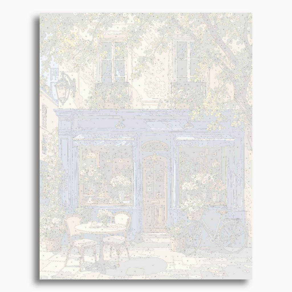 Numbered canvas preview for the Blue Flower Café paint by numbers kit