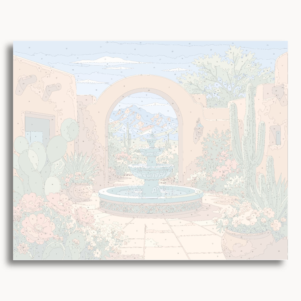 Vorschau der nummerierten Leinwand für das Malen-nach-Zahlen-Set „Desert Courtyard“.