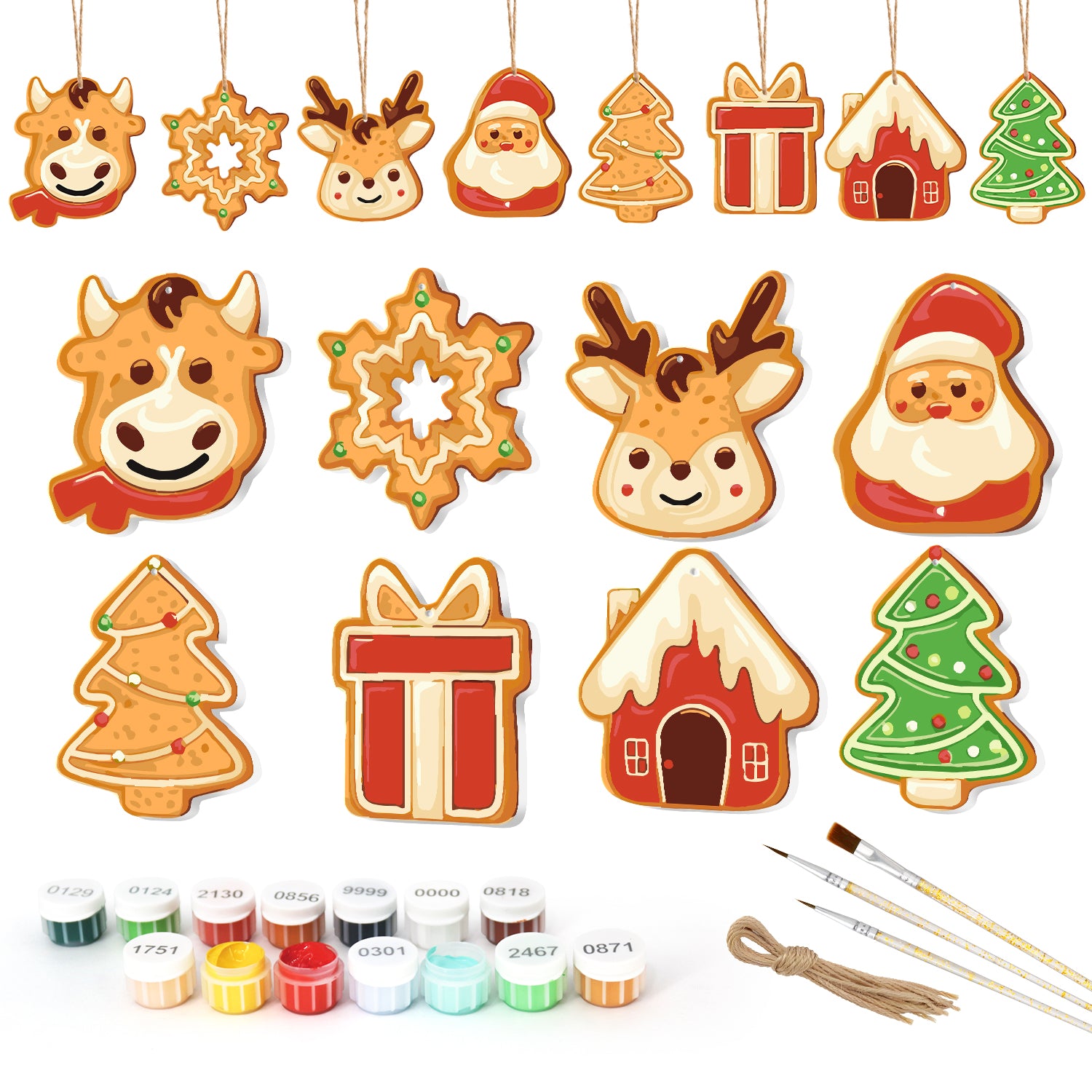Set of Christmas-themed cookie cutters with paint supplies on a white background