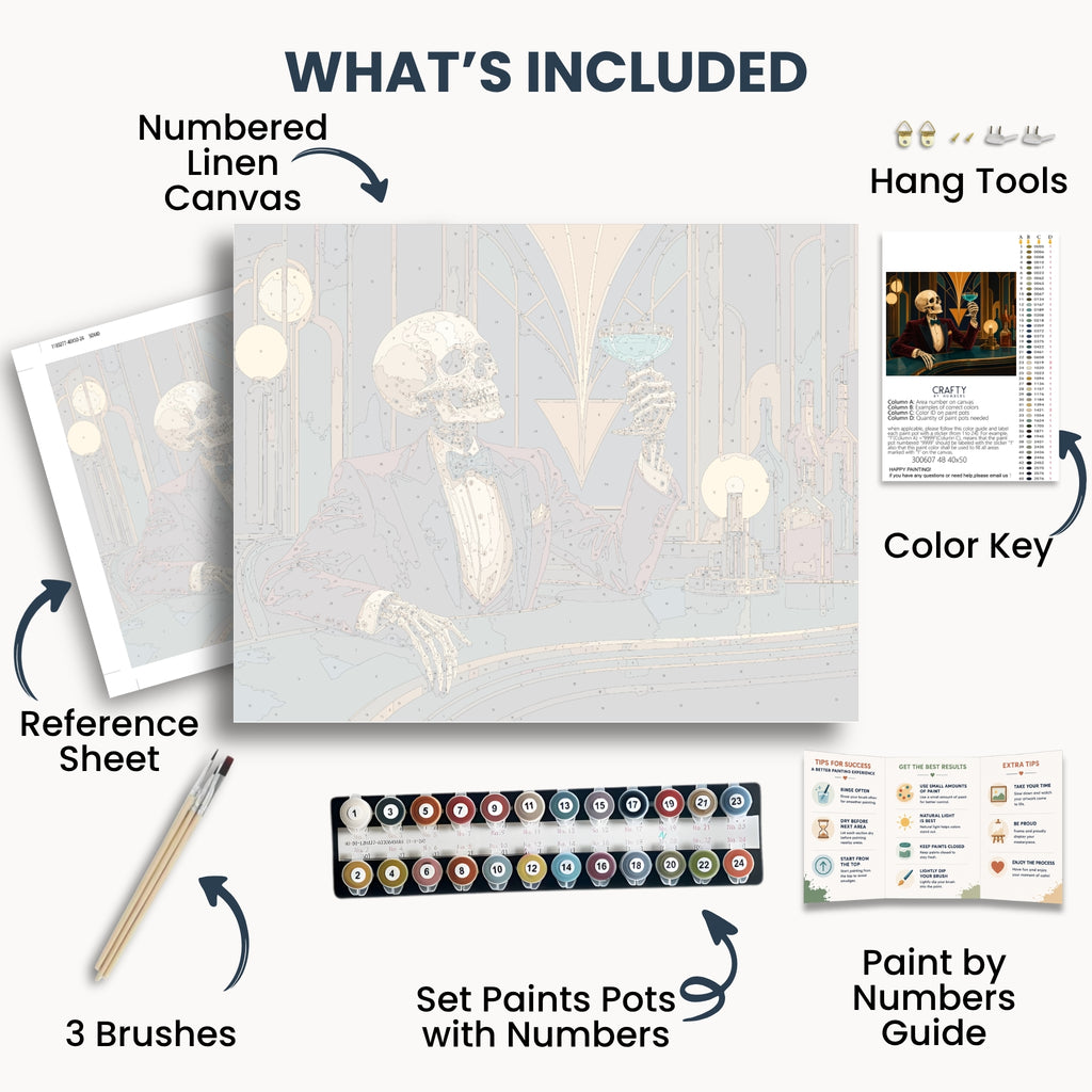 The Last Toast kit contents with numbered canvas, paints, brushes and guide