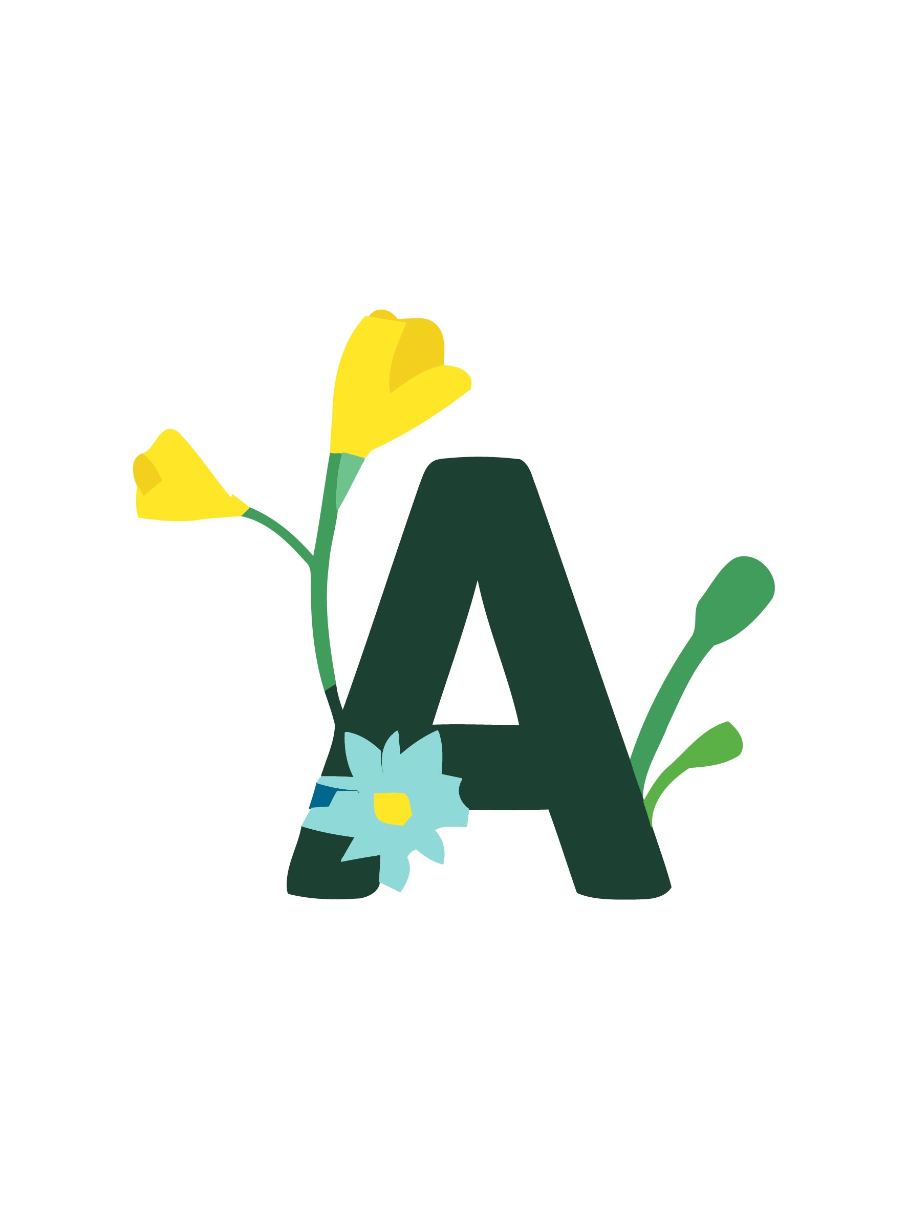 Letter 'A' with floral elements on a white background