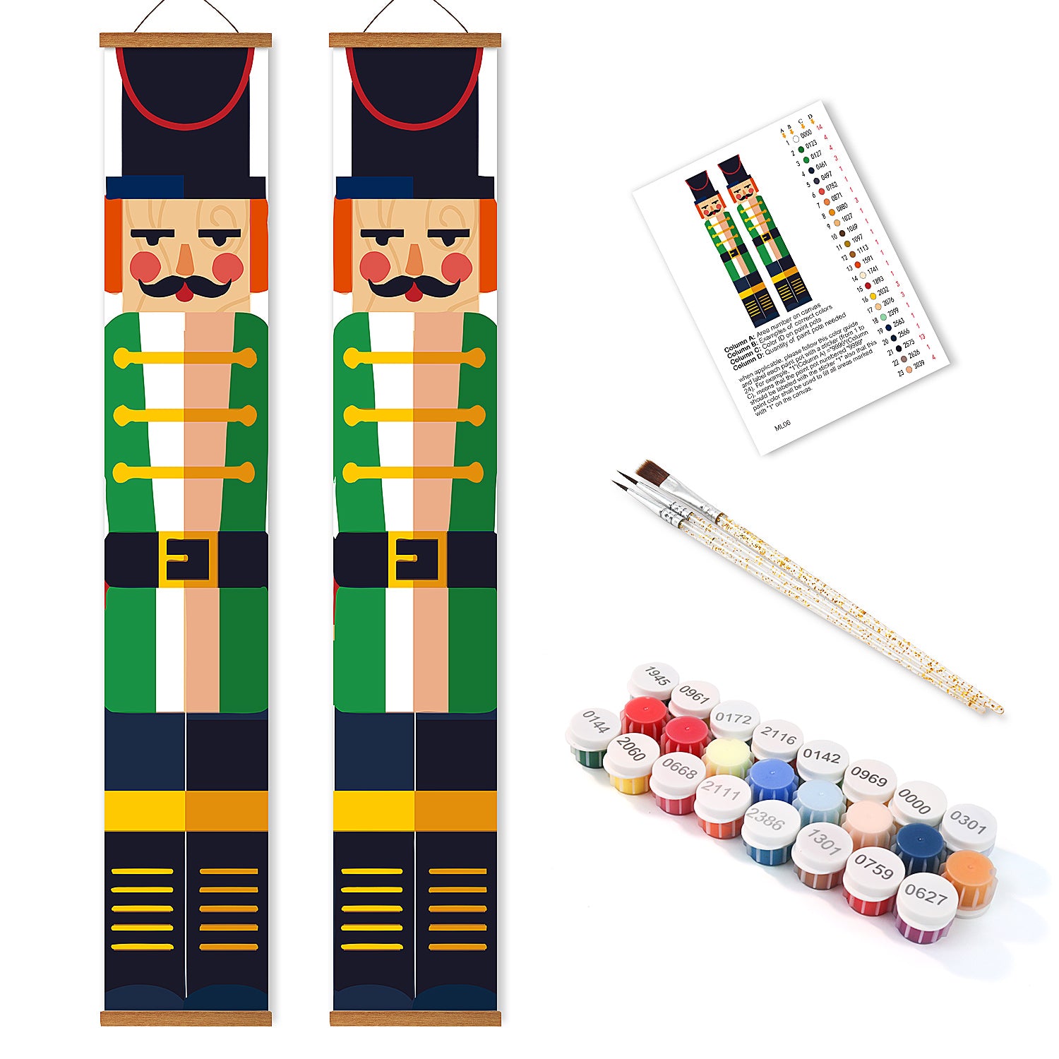 Two nutcracker-themed painting kits with paint and brushes on a white background