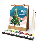 2026 DIY calendar with Christmas tree design, paint set, and brushes on a white background