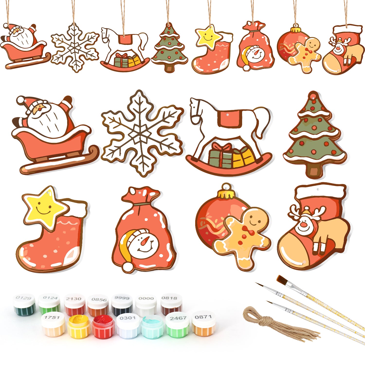Set of Christmas-themed ceramic decorations with painting supplies on a white background