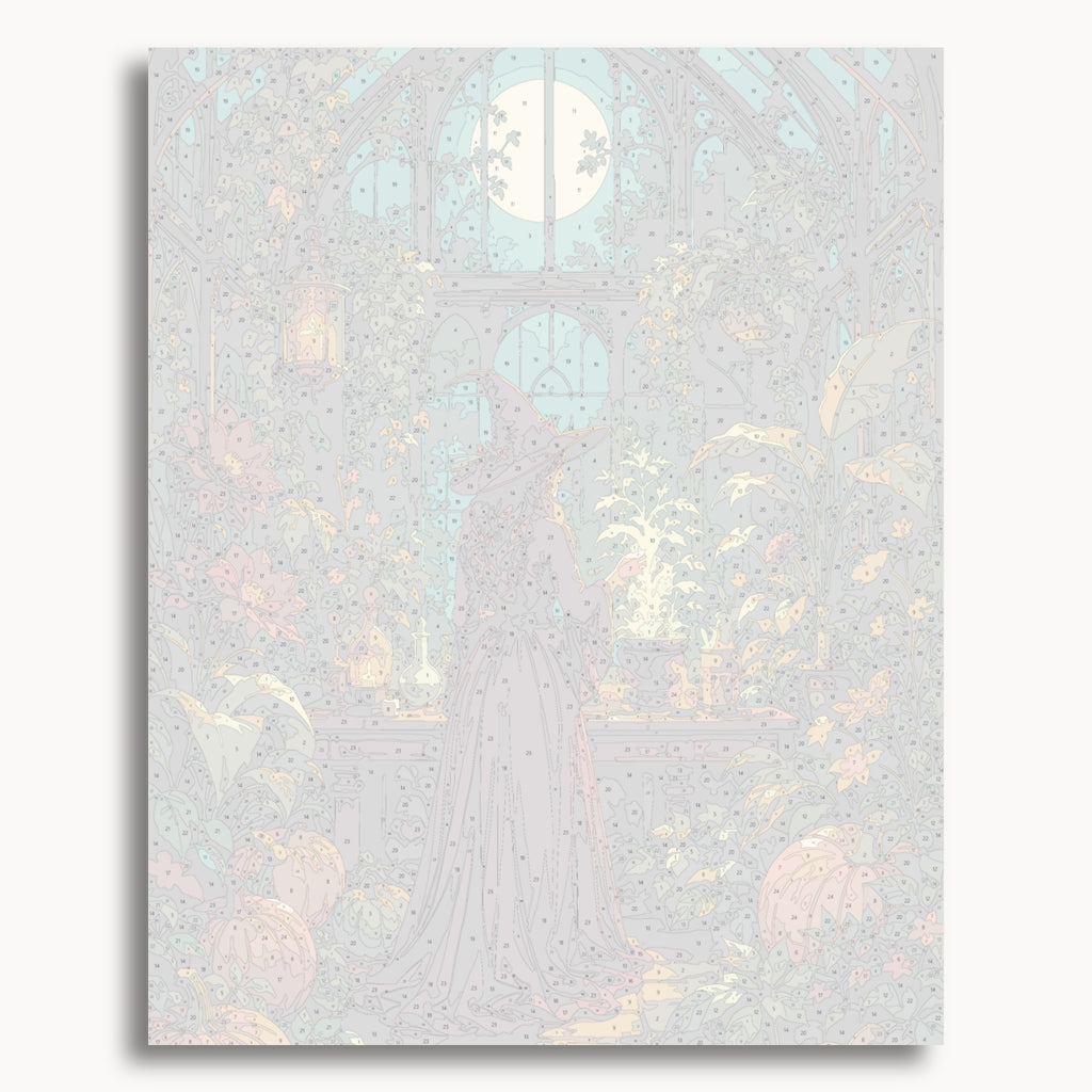 Numbered canvas preview for the Witch's Greenhouse paint by numbers kit
