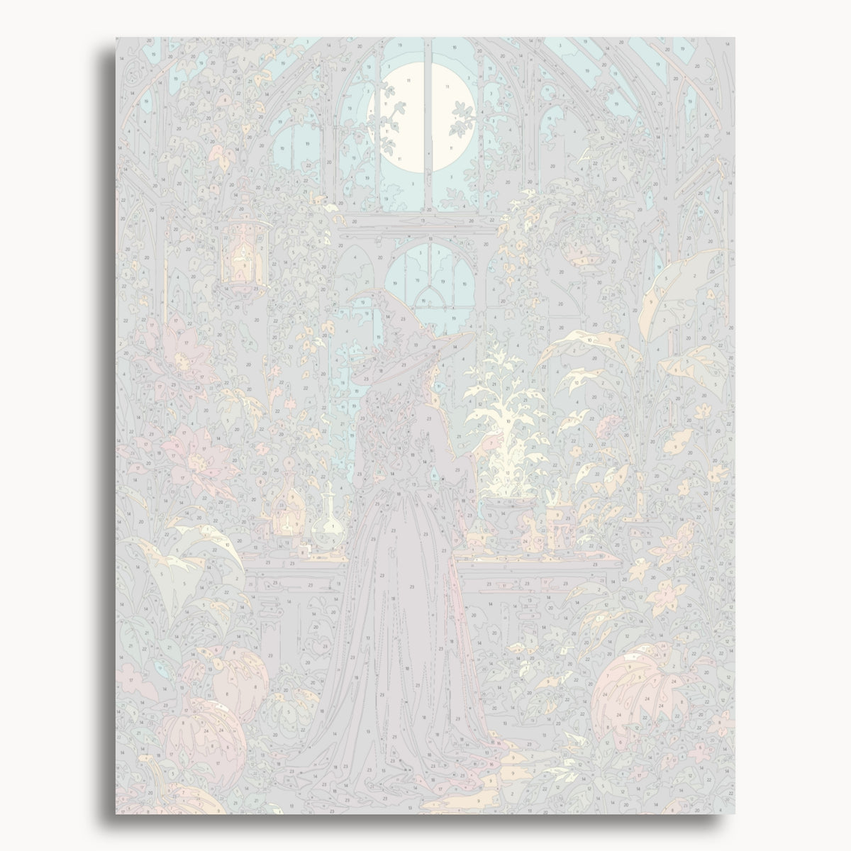 Numbered canvas preview for the Witch's Greenhouse paint by numbers kit
