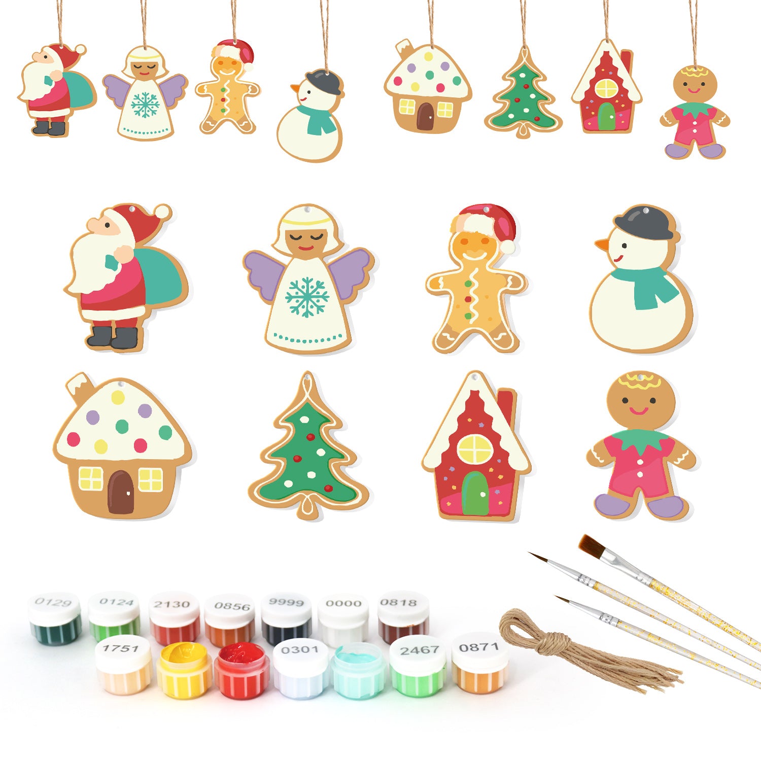 Set of Christmas-themed wooden ornaments with paint bottles and brushes on a white background