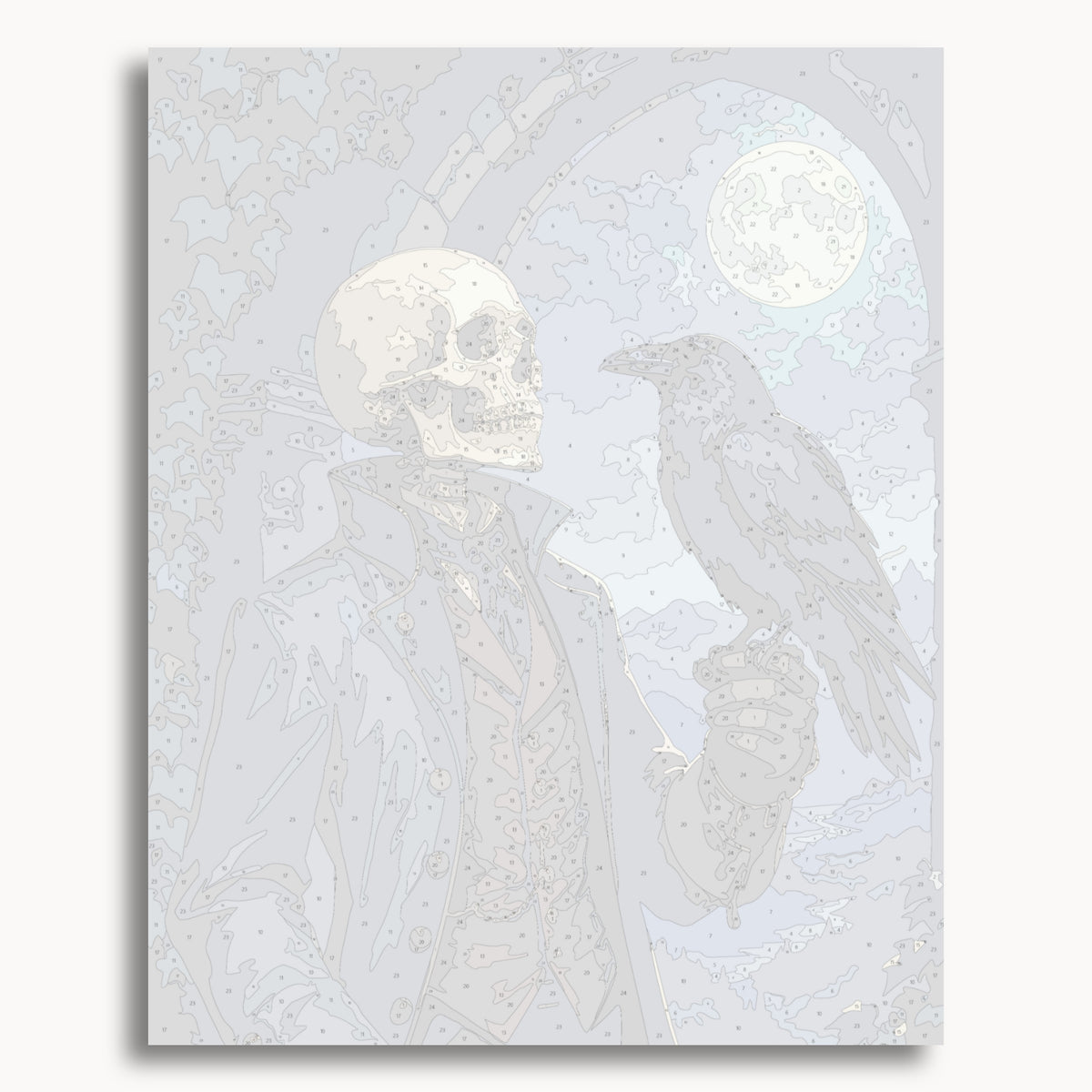 Numbered canvas preview for the Raven Companion paint by numbers kit