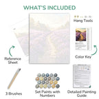 Artistic painting kit components including a canvas, reference sheet, brushes, paint set, color key, and detailed guide on a white background.