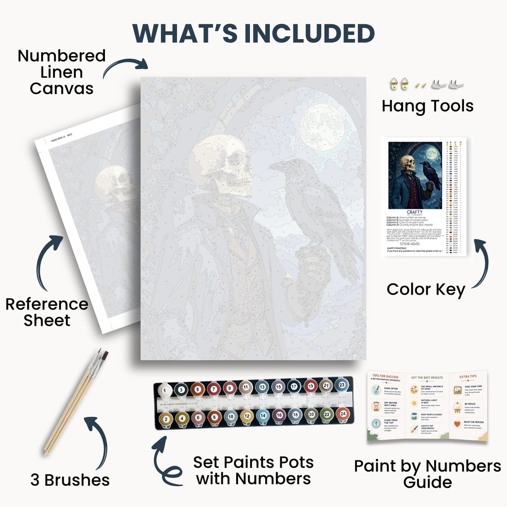 Raven Companion kit contents with numbered canvas, paints, brushes and guide