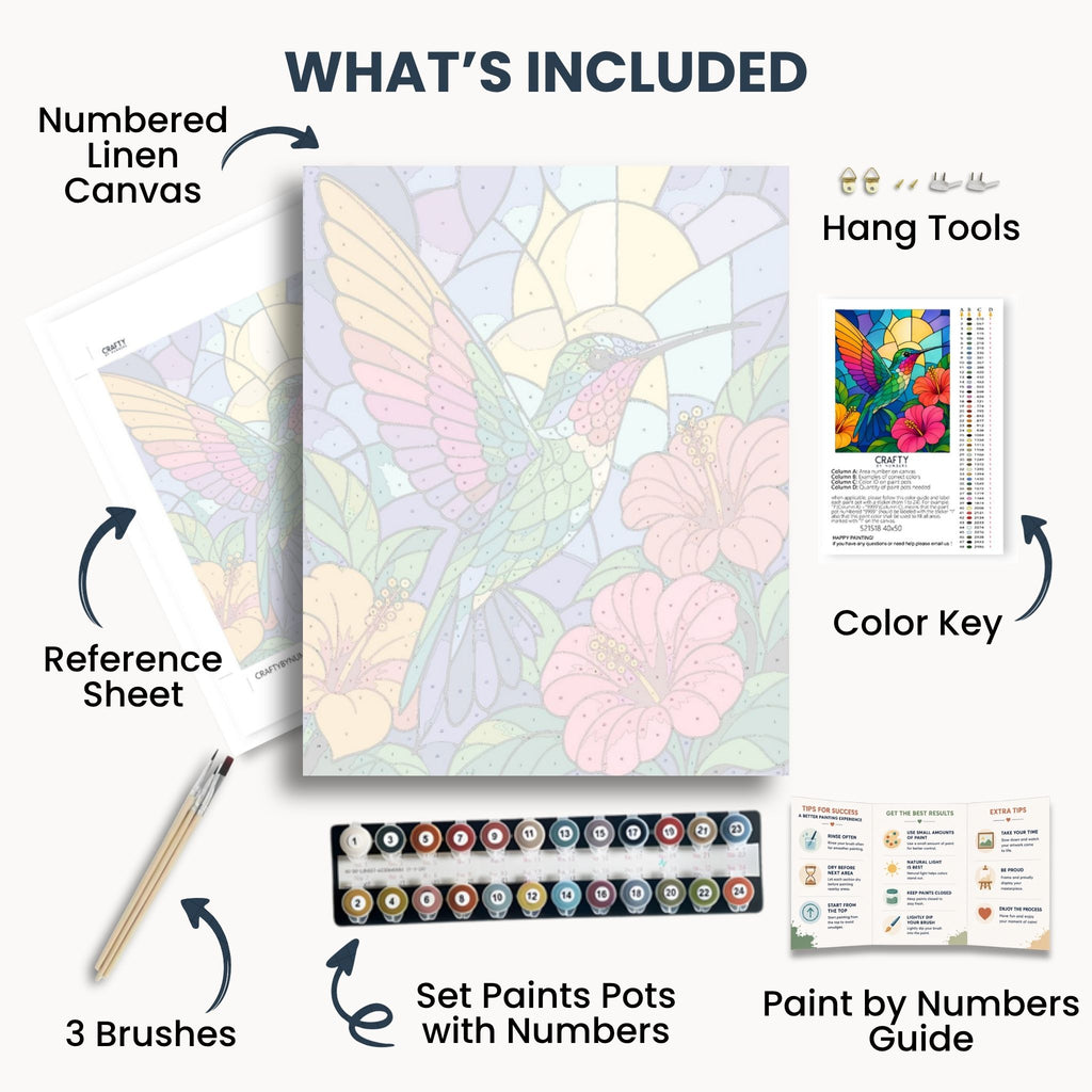 Rainbow Hummingbird kit contents with numbered canvas, paints, brushes and guide