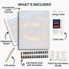 Neon Diner kit contents: numbered canvas, paints, three brushes, reference sheet, color key, painting guide and hanging hardware.