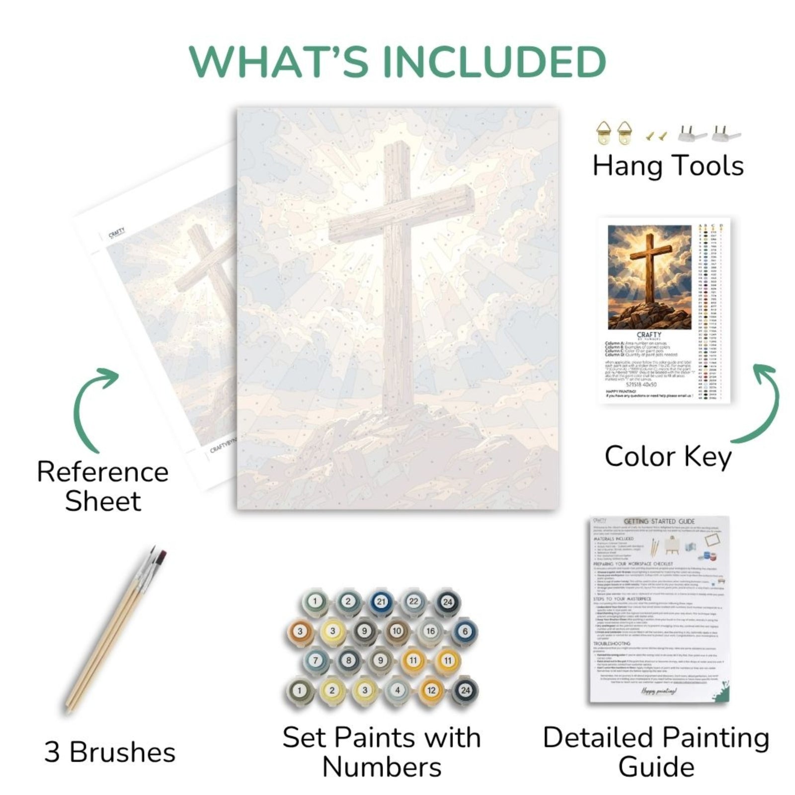 Radiant Cross paint by numbers kit contents with canvas, acrylic paints, brushes, color key and guide