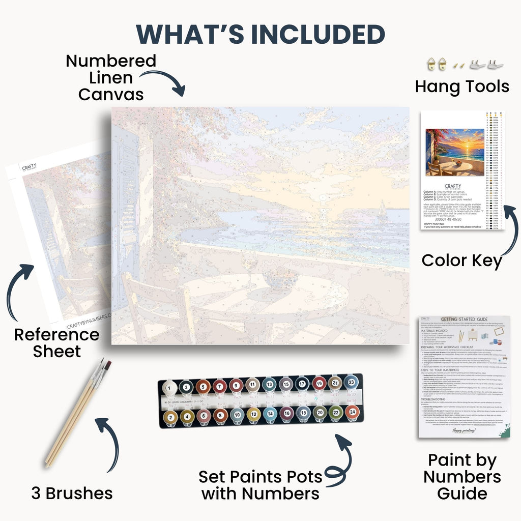 Sunset Terrace Table kit contents with numbered canvas, paints, brushes and guide