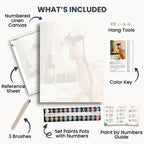 Spilled Desire kit contents: numbered canvas, paints, three brushes, reference sheet, color key, painting guide and hanging hardware.