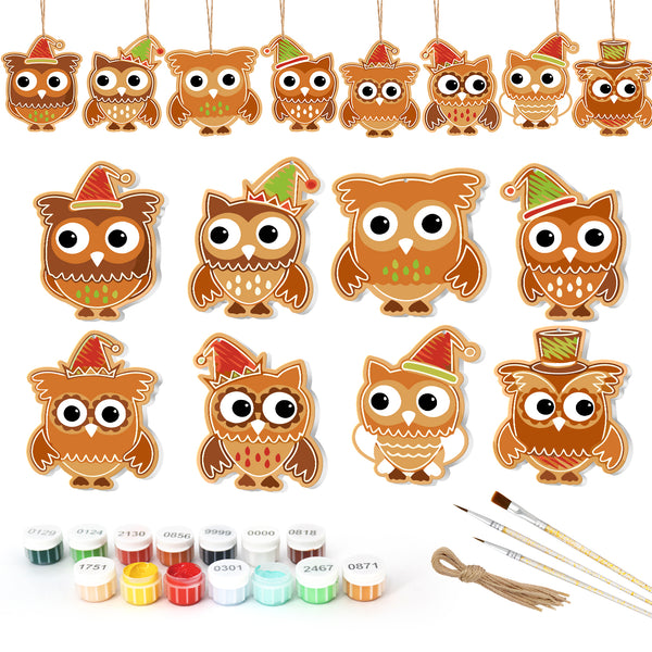 Set of owl ornaments with hats, paint cans, and brushes on a white background