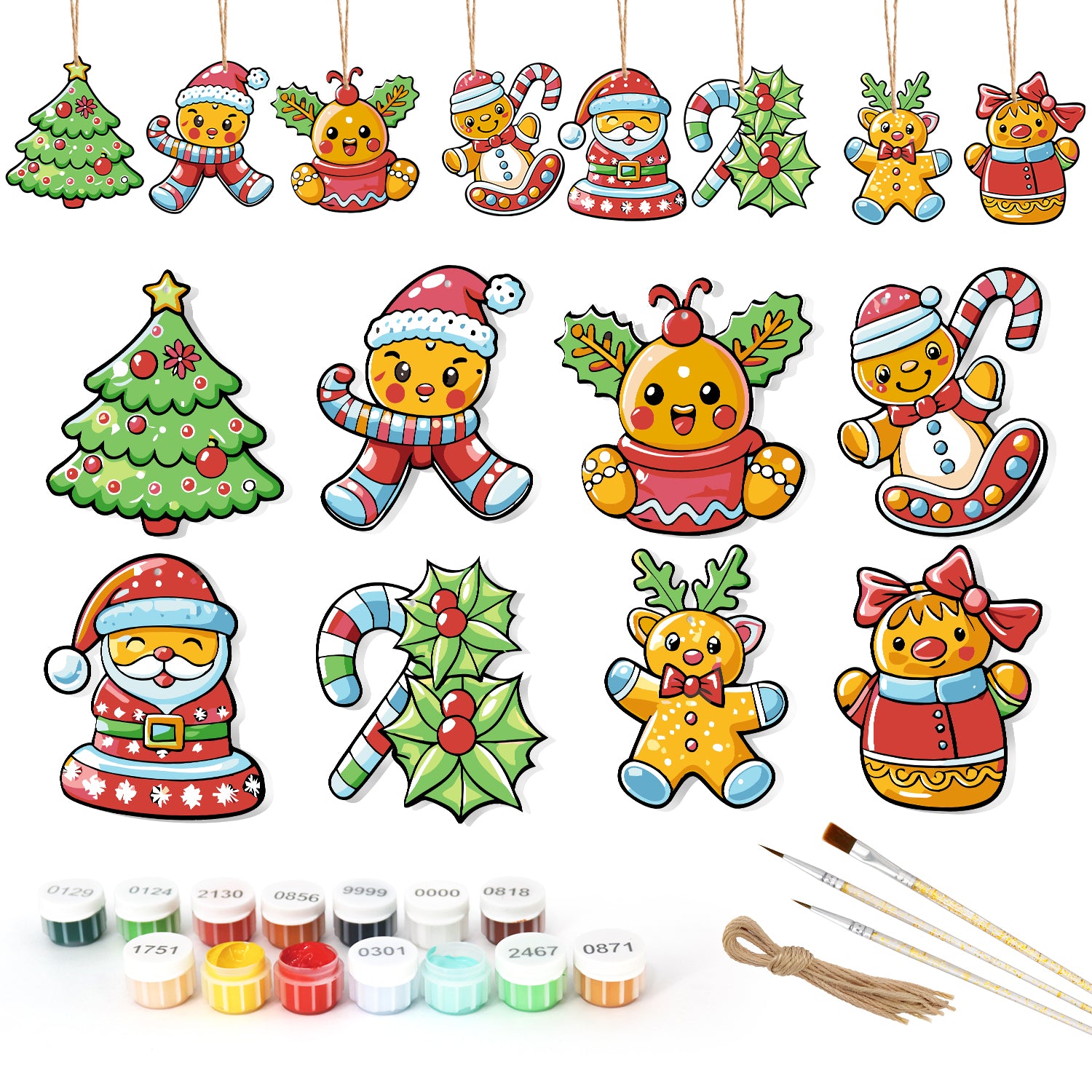 Set of Christmas-themed ceramic decorations with painting supplies on a white background