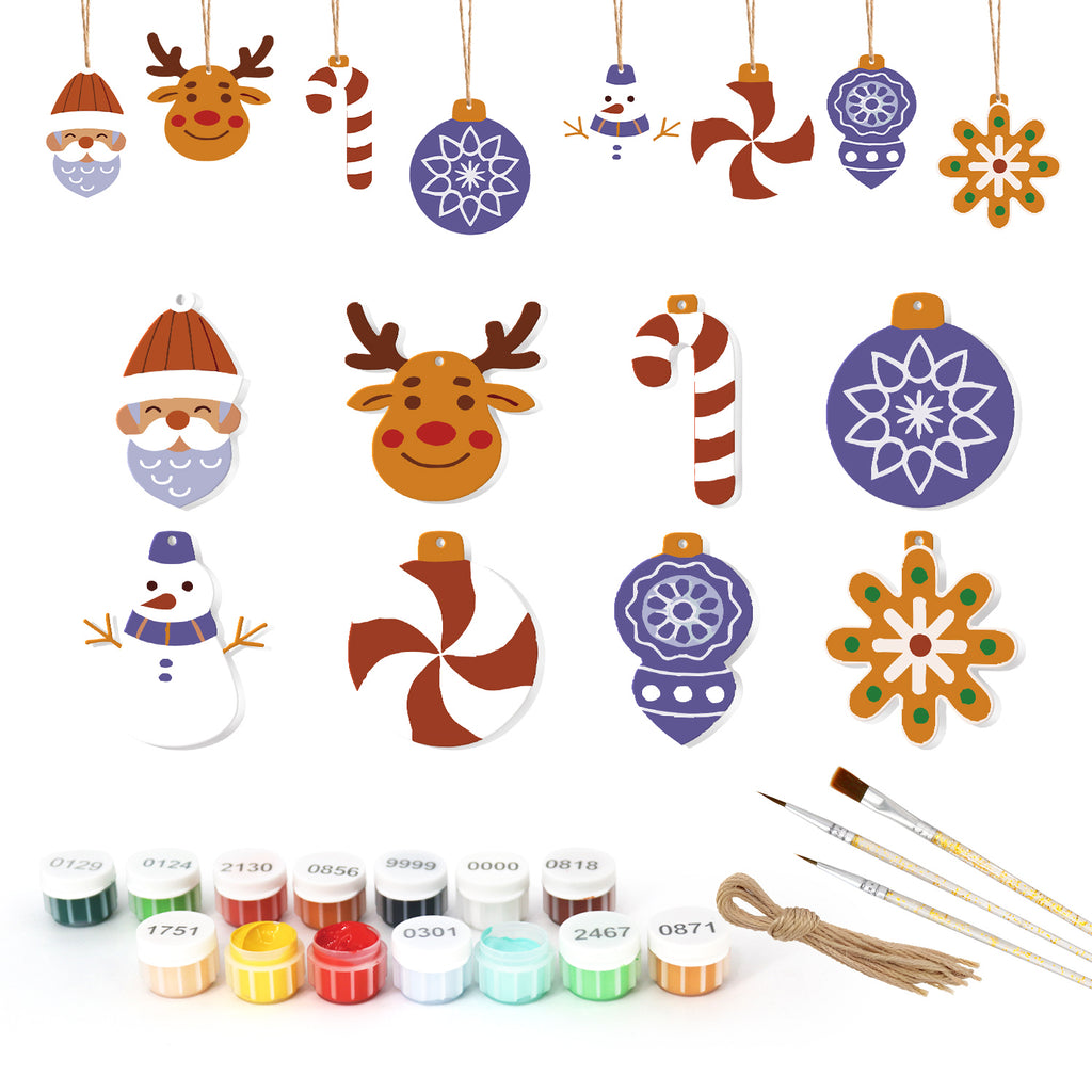 Set of Christmas-themed wooden ornaments with paint cans and brushes on a white background