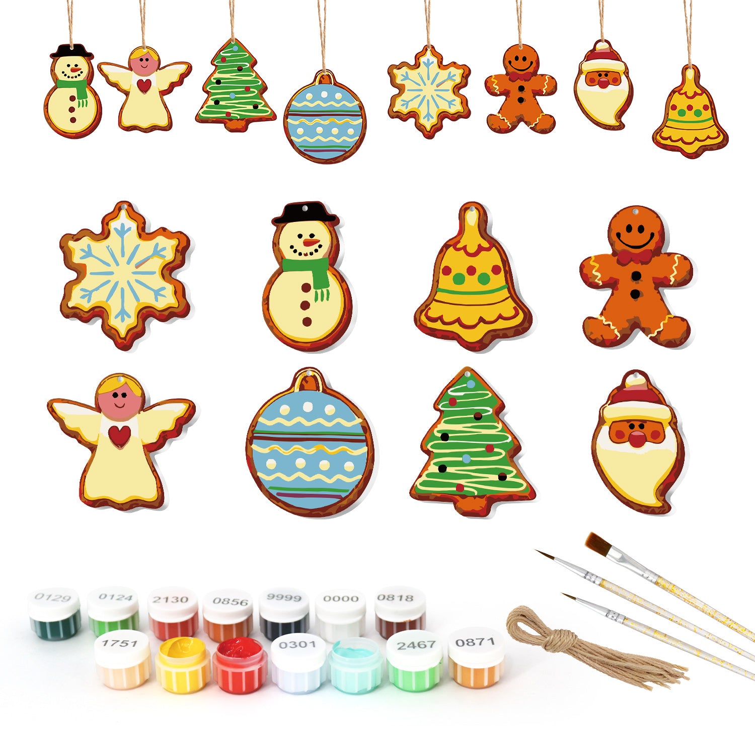 Set of Christmas-themed ceramic decorations with paint bottles and brushes on a white background