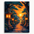 Illustration stylisée d'un chemin bordé de lanternes menant à une porte Torii au coucher du soleil.