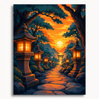Illustration stylisée d'un chemin bordé de lanternes menant à une porte Torii au coucher du soleil.