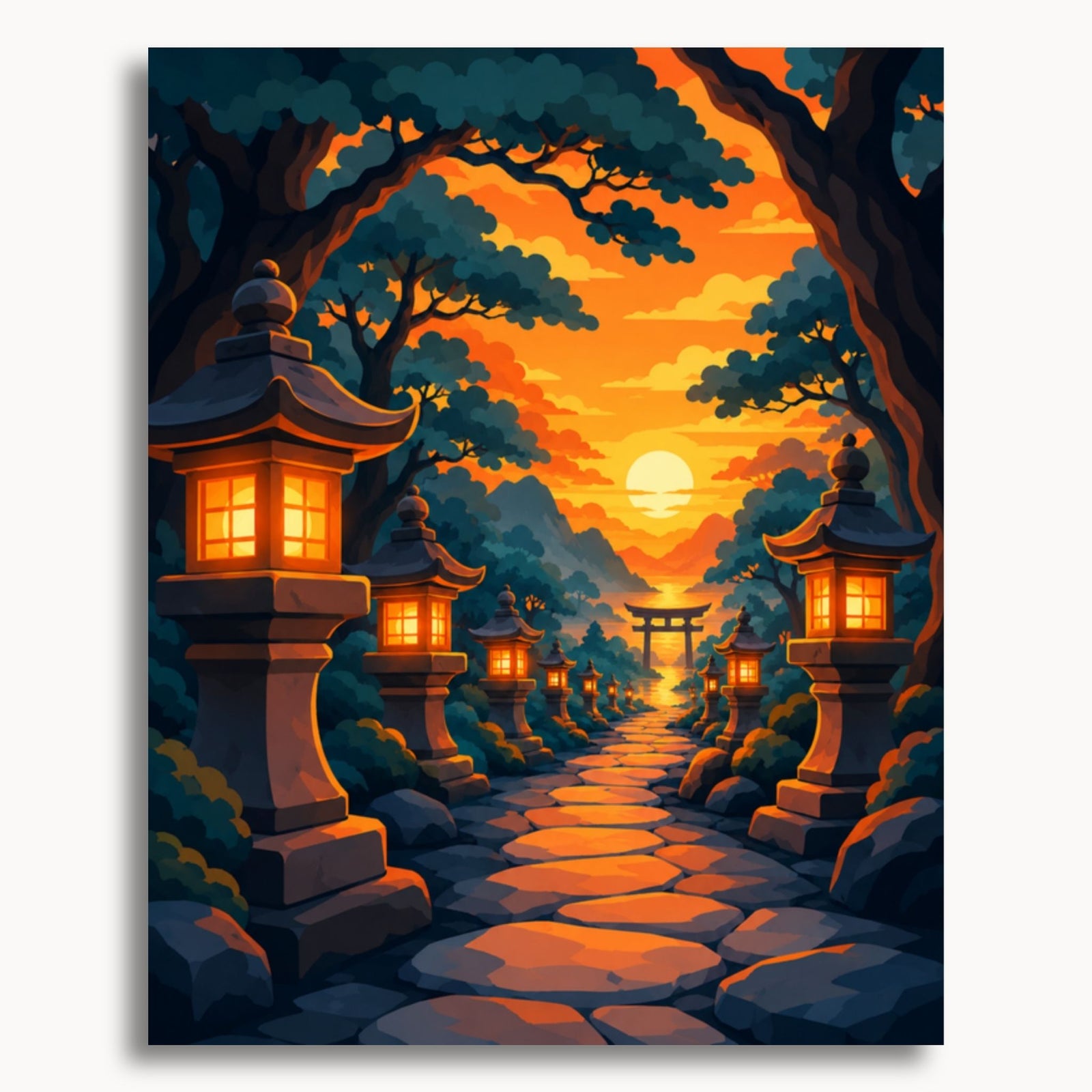 Stilisierte Illustration eines von Laternen gesäumten Weges, der bei Sonnenuntergang zu einem Torii-Tor führt.