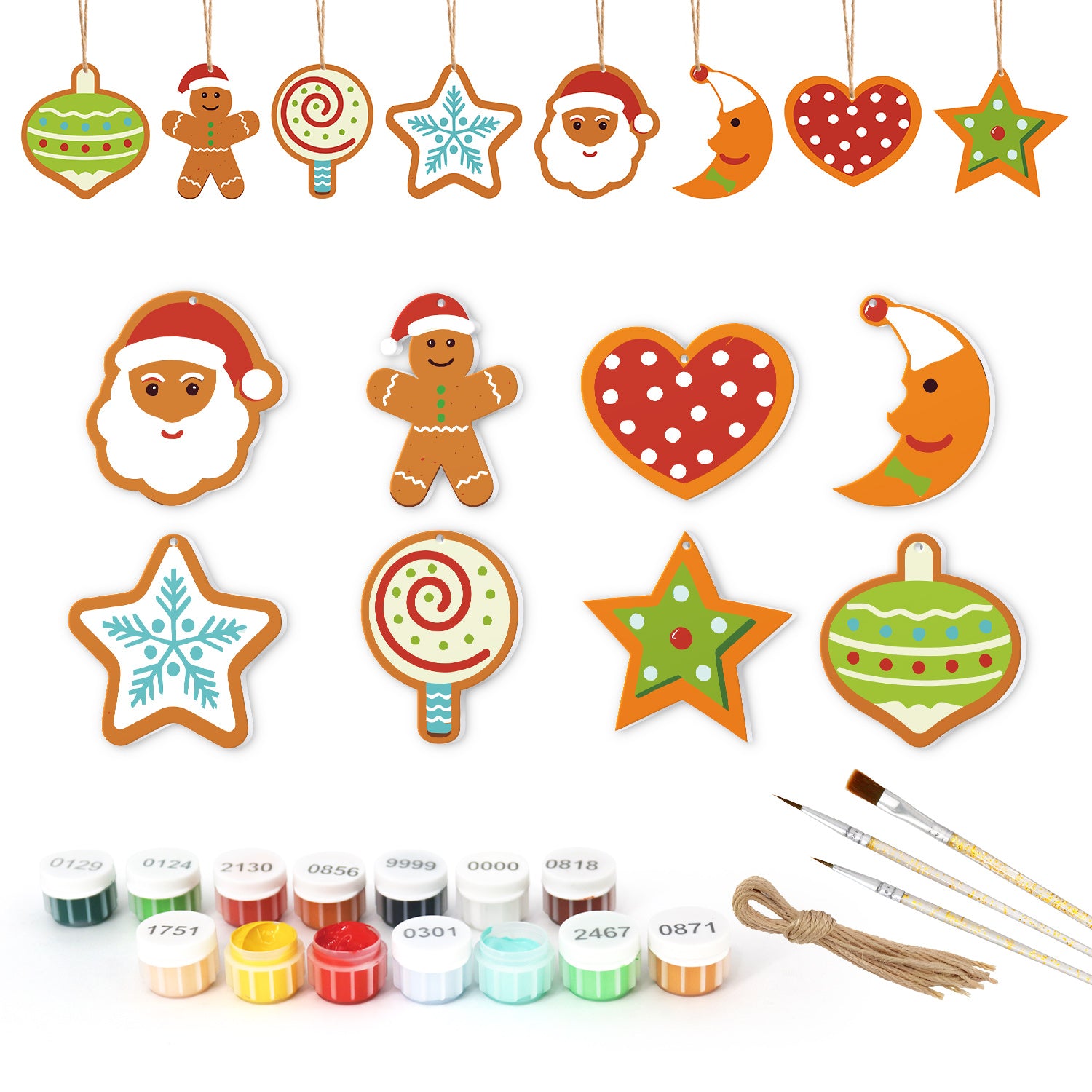 Set of Christmas-themed ceramic decorations with paint bottles and brushes on a white background