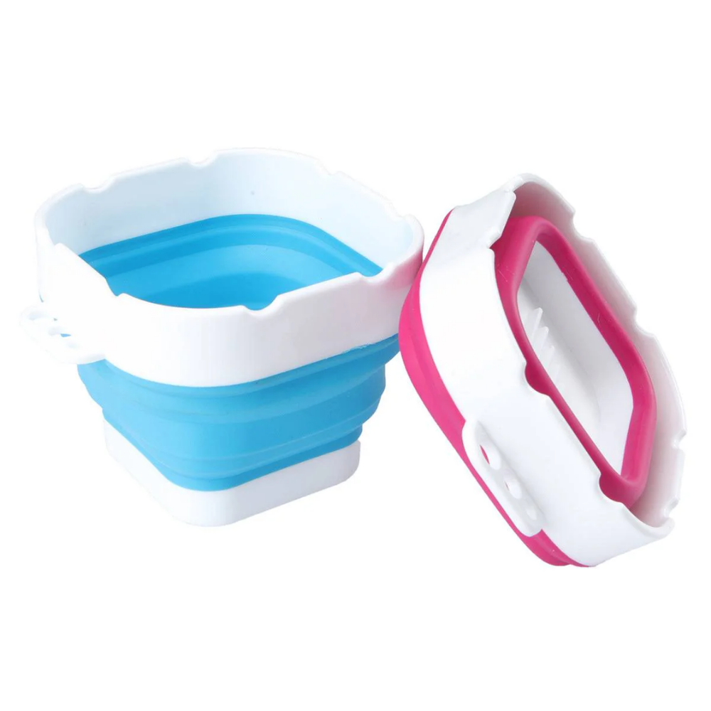 A collapsible brush washer in blue and pink colors, shown folded and unfolded.