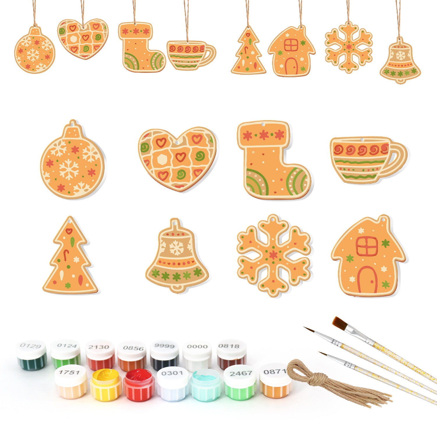 Ornements décoratifs de Noël avec des pots de peinture et des pinceaux sur fond blanc