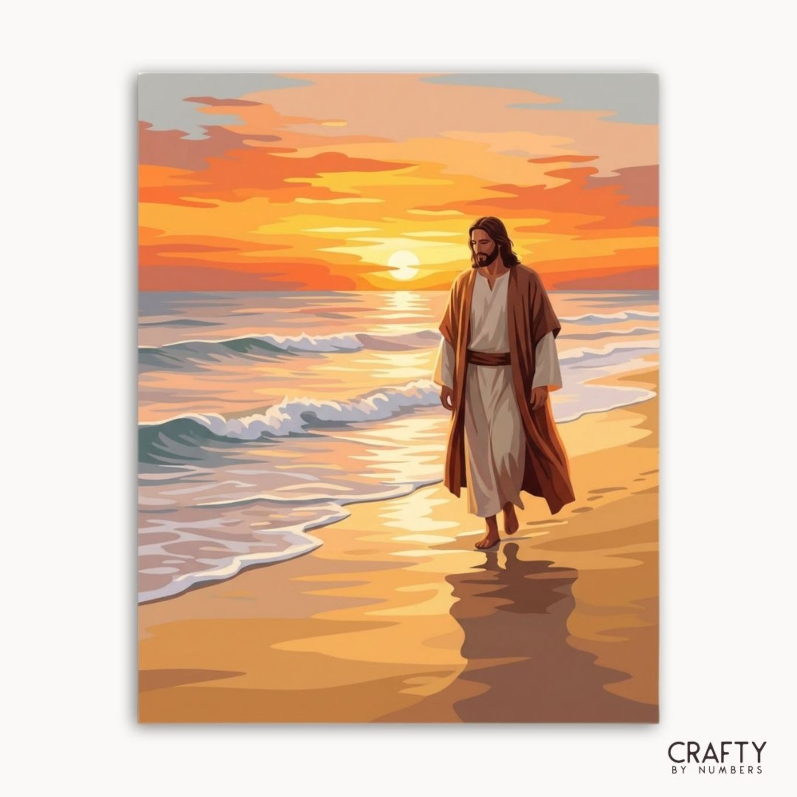 Golden Shore Walk finished paint by numbers canvas showing Jesus walking along a sunset beach
