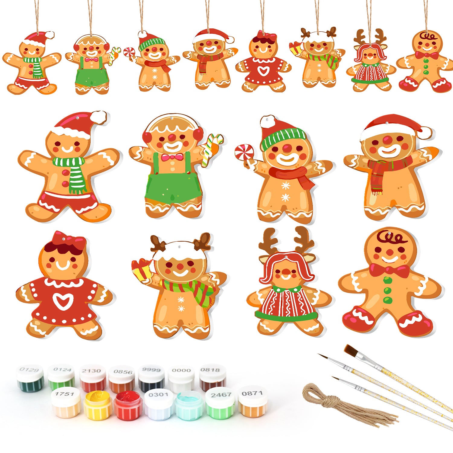 Set of gingerbread-themed Christmas ornaments with paint supplies on a white background