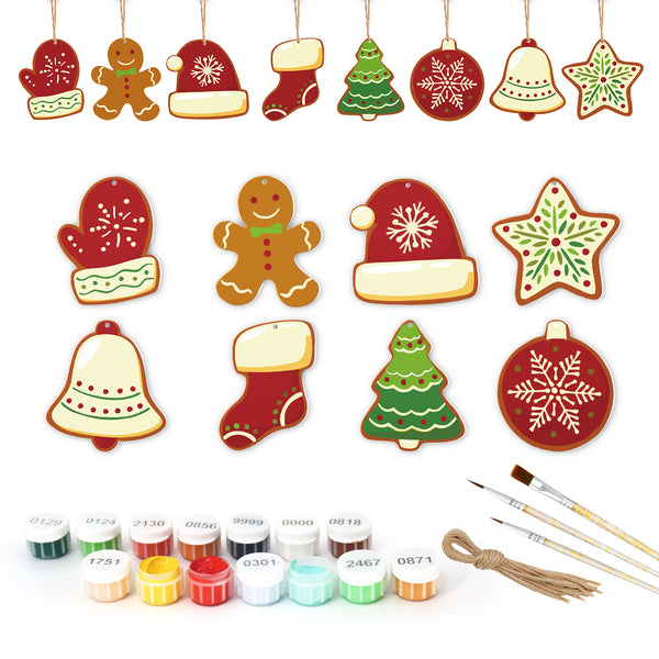Set of Christmas-themed ceramic decorations with paint cans and brushes on a white background