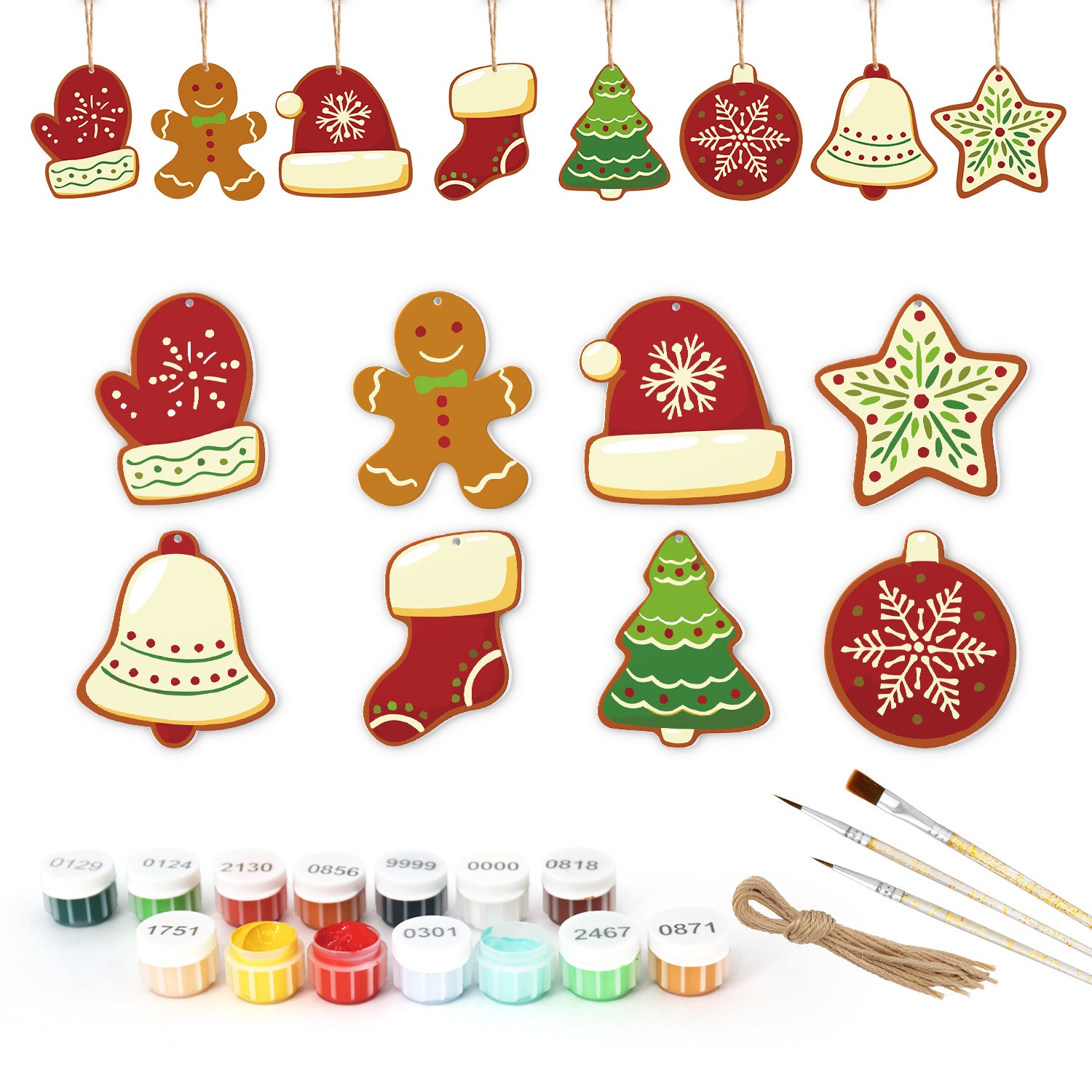 Set of Christmas-themed ceramic decorations with paint cans and brushes on a white background