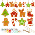 Set of Christmas-themed wooden ornaments with paint cans and brushes on a white background