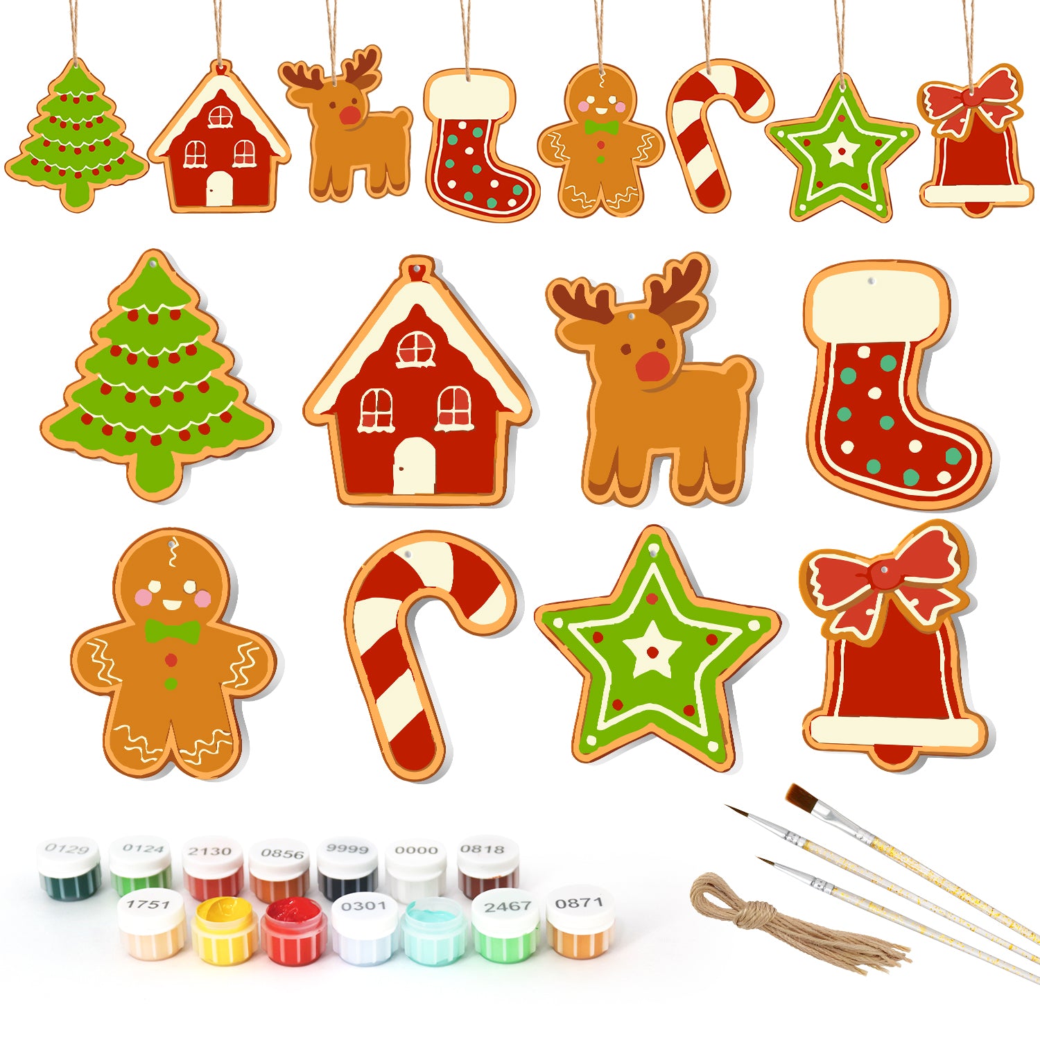 Set weihnachtlicher Holzornamente mit Farbdosen und Pinseln auf weißem Hintergrund