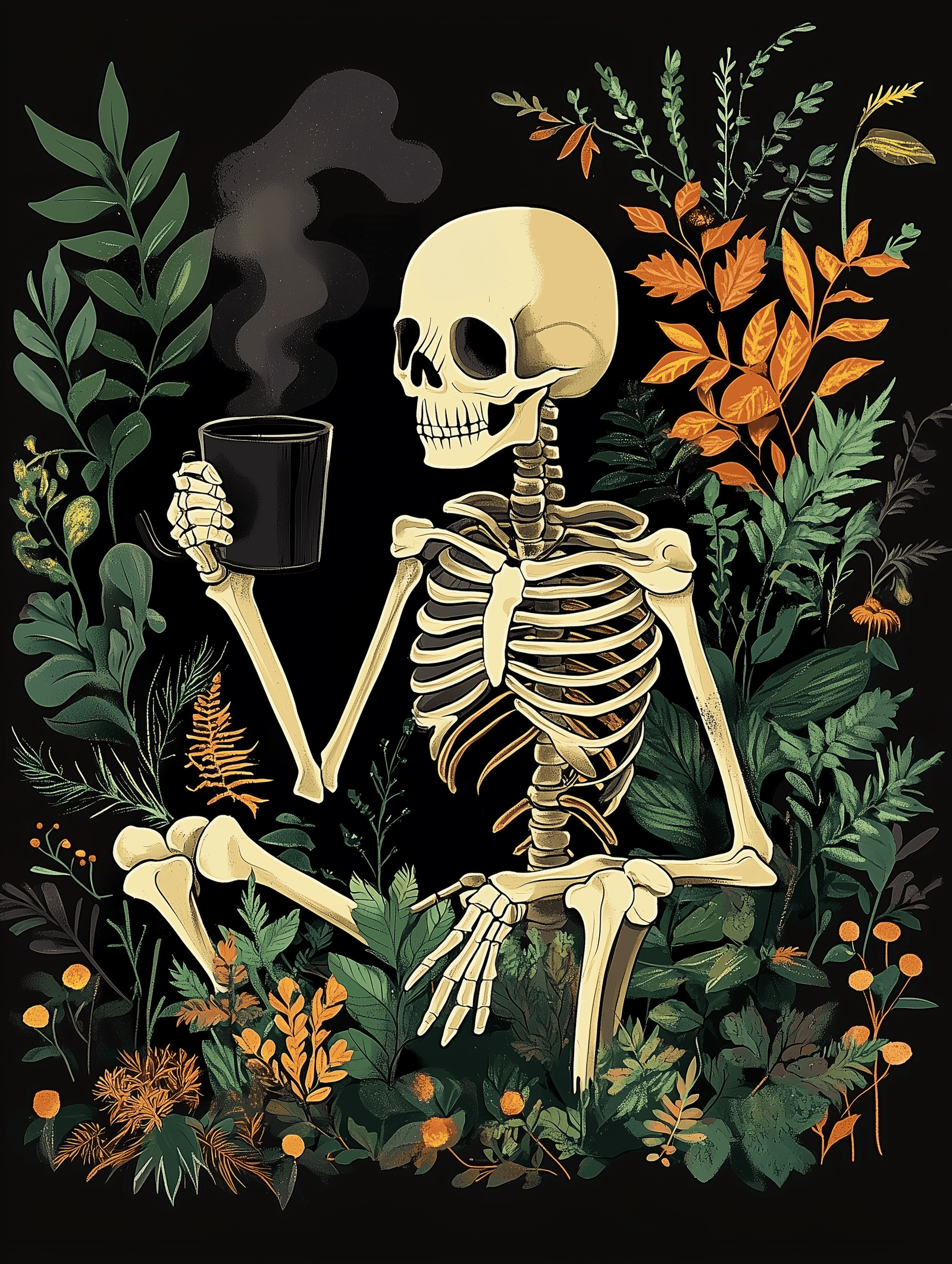 Imagen de un kit de pintura por números que muestra un esqueleto sosteniendo una taza, rodeado de hojas y plantas de otoño.
