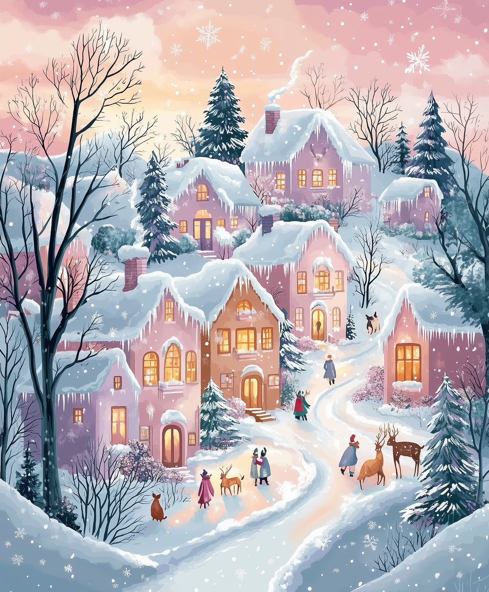 A paint by numbers kit depicting a winter village scene with snow-covered cottages, people, reindeer, and a pink sky with stars.