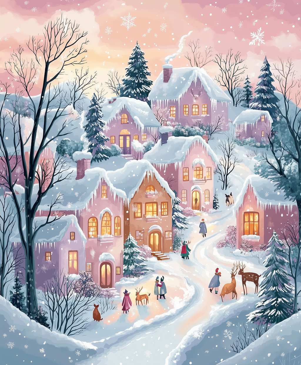 A paint by numbers kit depicting a winter village scene with snow-covered cottages, people, reindeer, and a pink sky with stars.