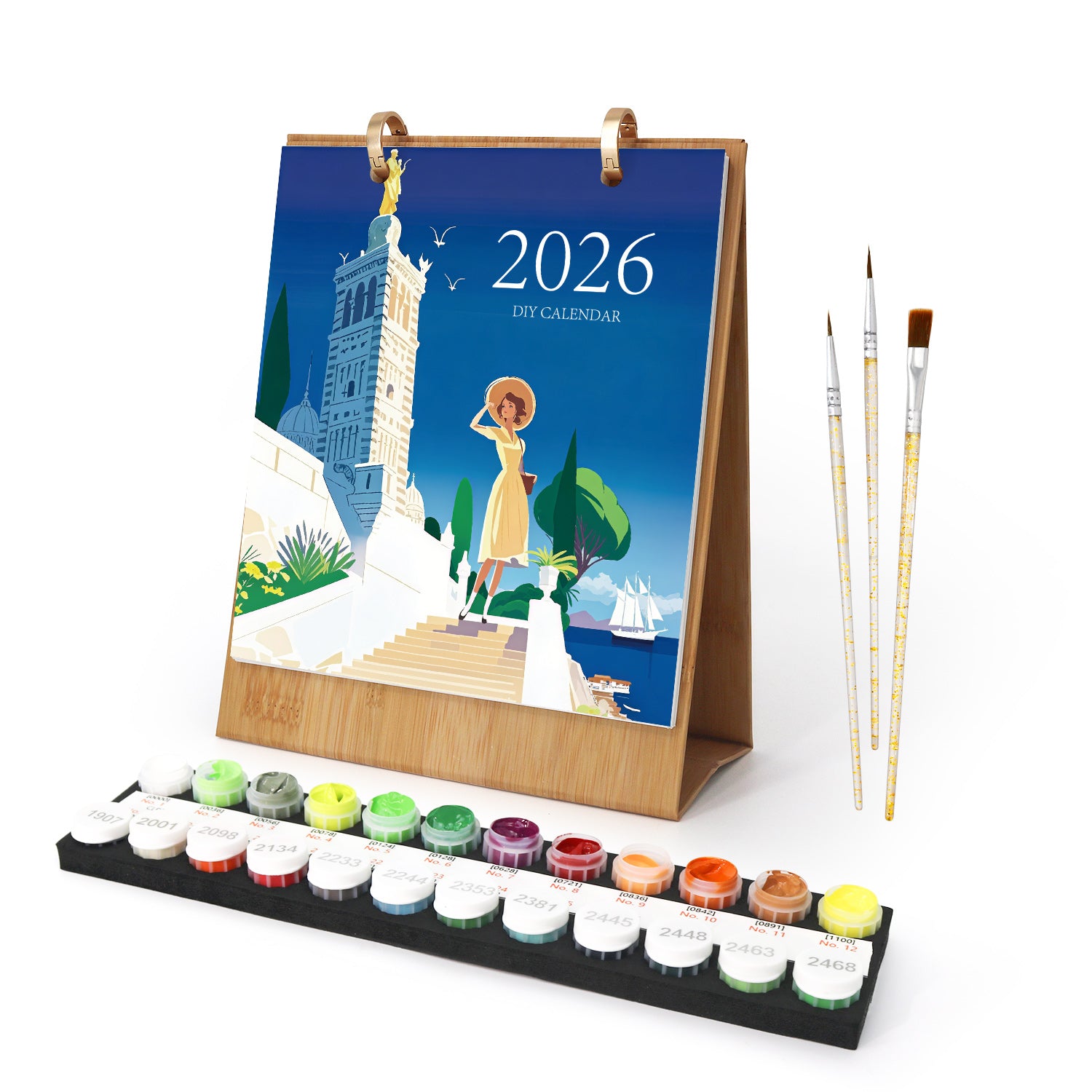 Kalender 2026 mit Malerei und Pinzetten auf weißem Hintergrund