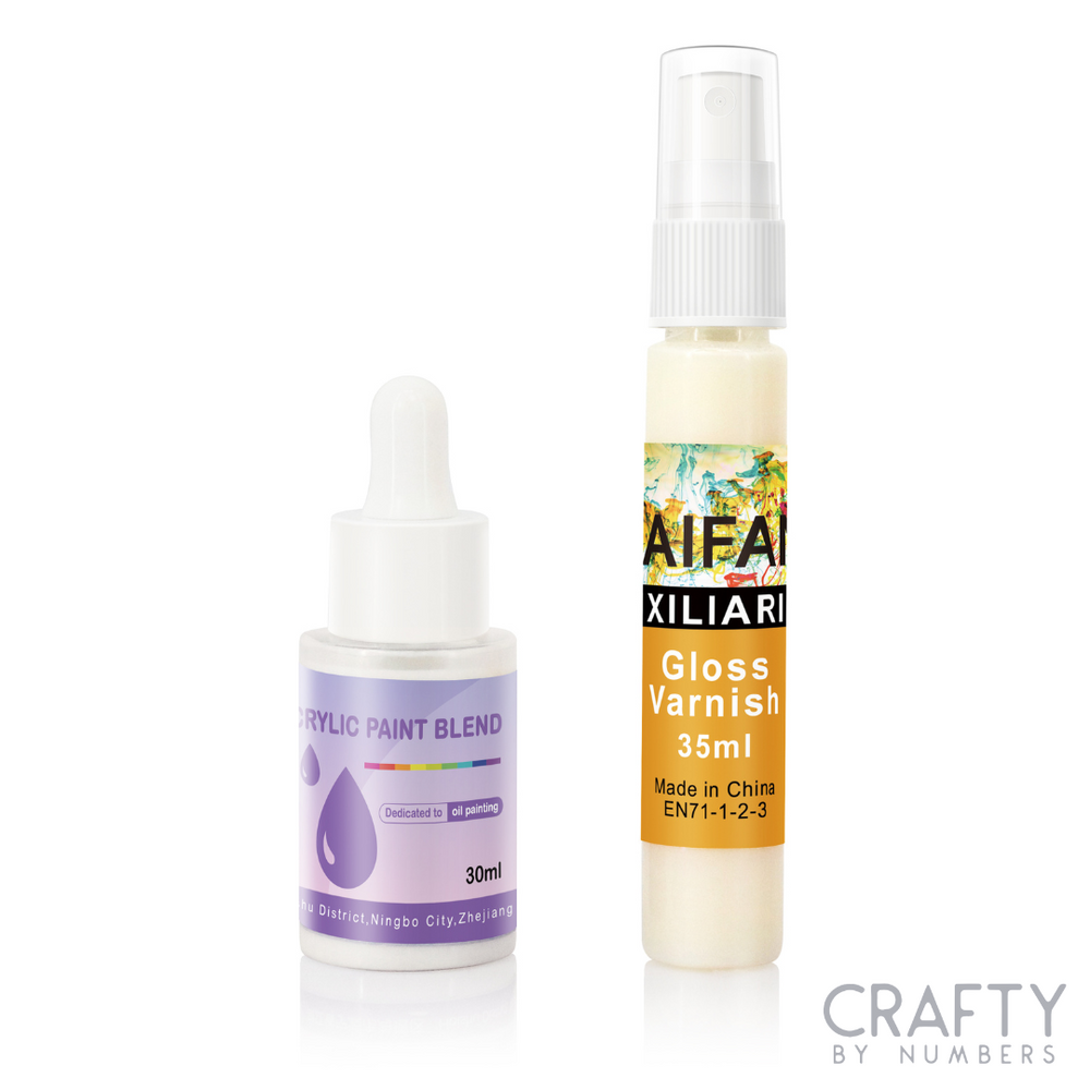 Two bottles of art supply products, one labeled 'Crystal Paint Blend' in a 30ml bottle and the other 'Gloss Varnish' in a 35ml bottle, both with 'Crafty by Numbers' branding.