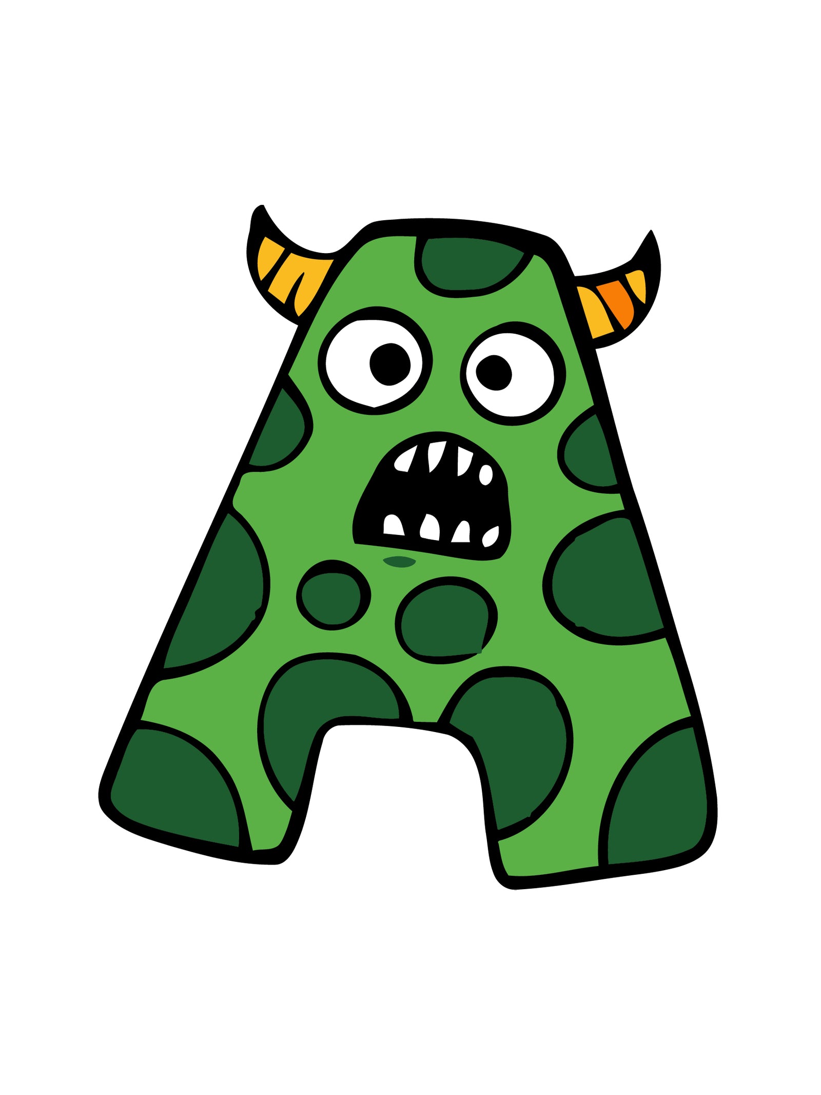 Green monster letter 'A' with horns on a white background