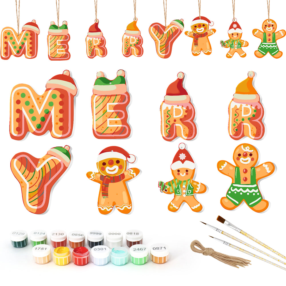 Set of Christmas-themed letter and gingerbread man ornaments with paint supplies on a white background