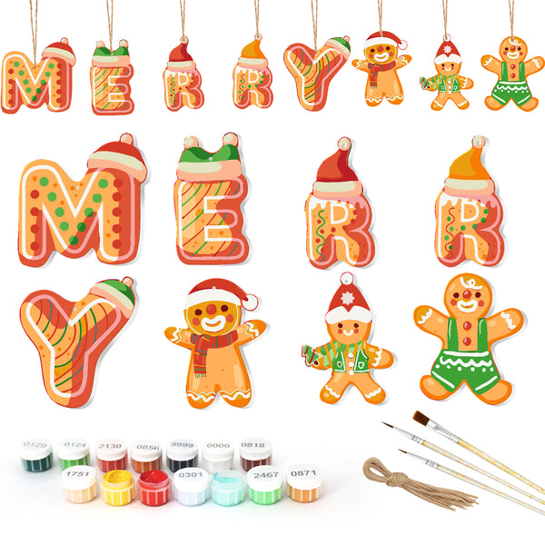 Set of Christmas-themed letter and gingerbread man ornaments with paint supplies on a white background
