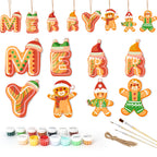 Set of Christmas-themed letter and gingerbread man ornaments with paint supplies on a white background