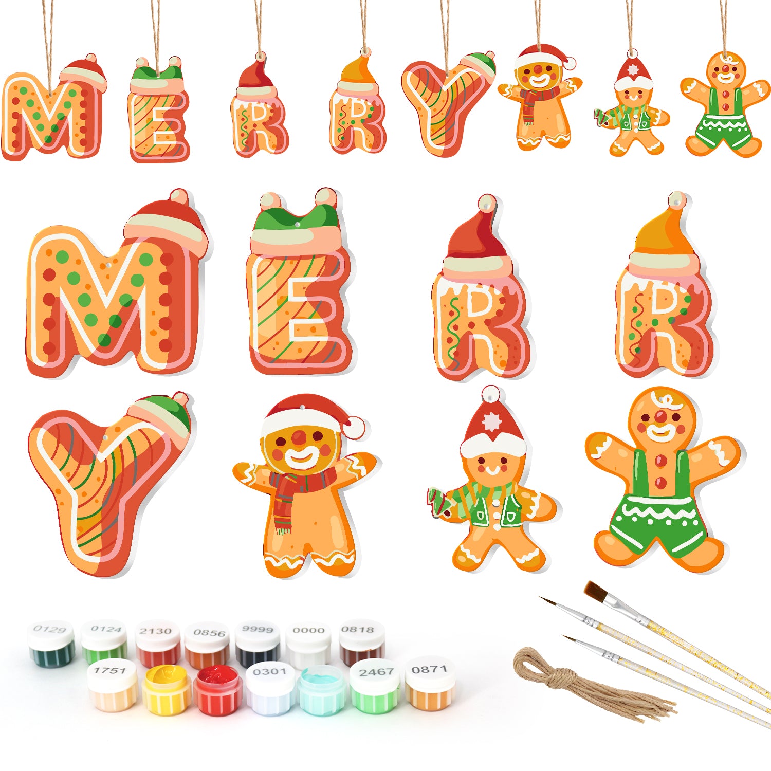 Set of Christmas-themed letter and gingerbread man ornaments with paint supplies on a white background