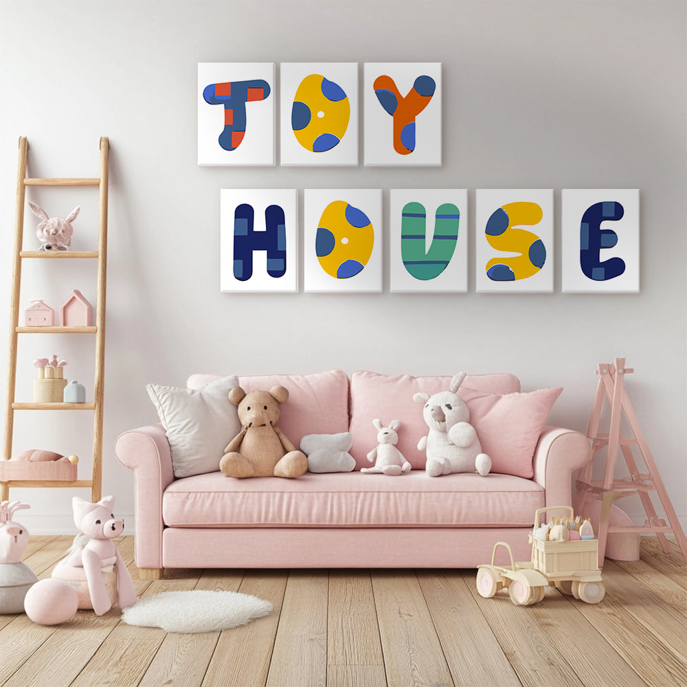Children's playroom with a pink sofa, toys, and colorful 'TOY HOUSE' wall art.