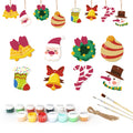 Set of Christmas-themed wooden ornaments with paint cans and brushes on a white background