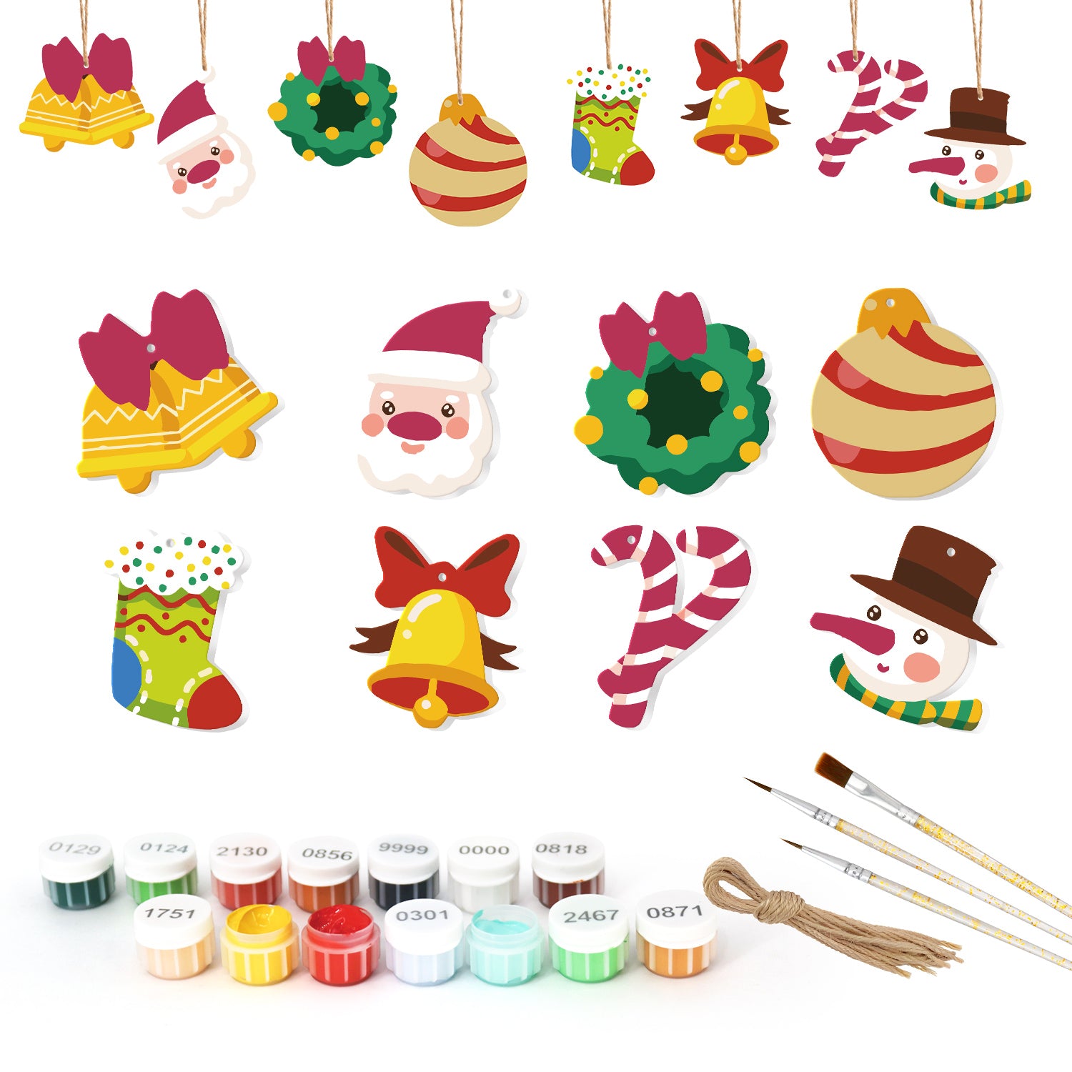 Set of Christmas-themed wooden ornaments with paint cans and brushes on a white background