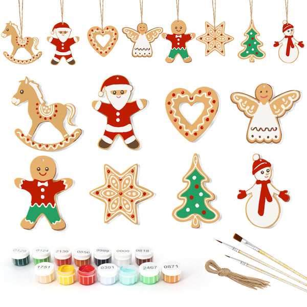 Set of Christmas-themed wooden ornaments with paint cans and brushes on a white background
