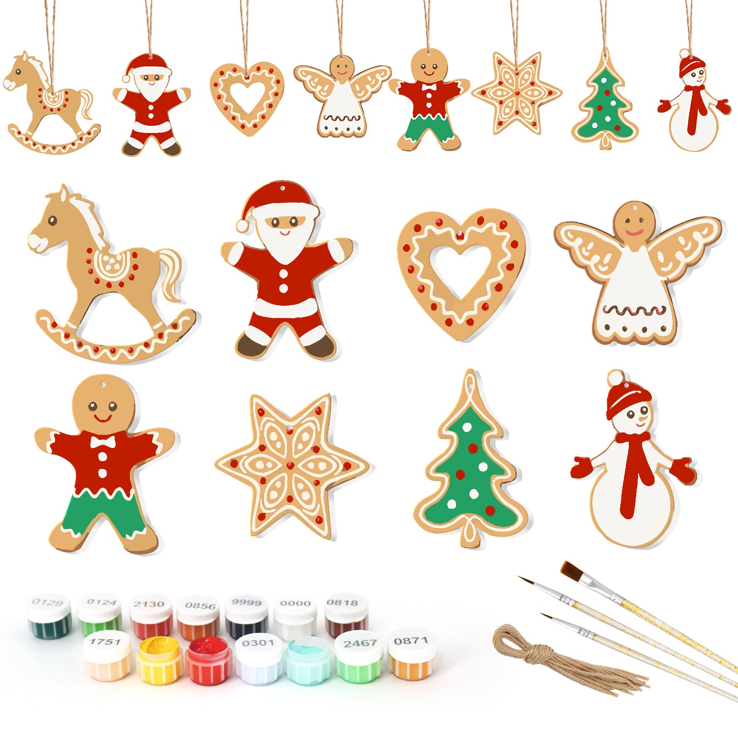 Ensemble d'ornements en bois sur le thème de Noël avec des pots de peinture et des pinceaux sur fond blanc
